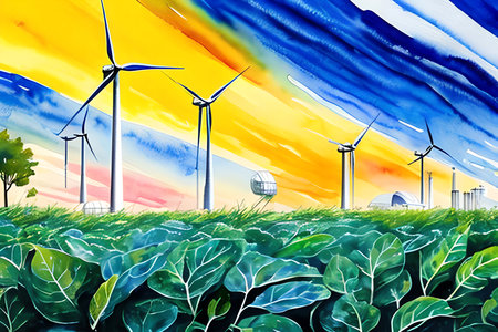 Wind turbines in the field. Renewable energy concept. Illustrationの素材