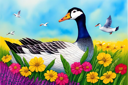 Vector illustration of a goose in a meadow with flowers and birdsの素材