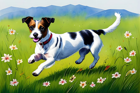 jack russell terrier jumping in the meadow with flowersの素材