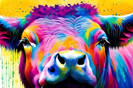 Colorful bull head. Digital painting on canvas. Illustration.の素材