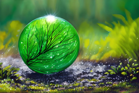 Green planet in the moss and green grass. 3d illustration.の素材