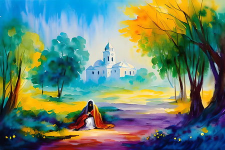 Beautiful landscape with church, trees and lake. Digital painting.の素材