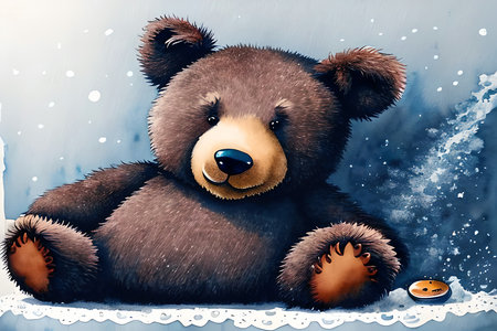 Illustration of a teddy bear sitting on a lace background with snowの素材