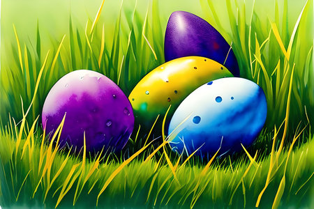 Colorful easter eggs on green grass background. Vector illustration.の素材
