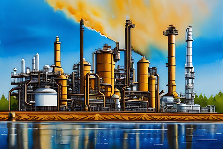 Industrial landscape with power plant and blue sky. 3d renderingの素材