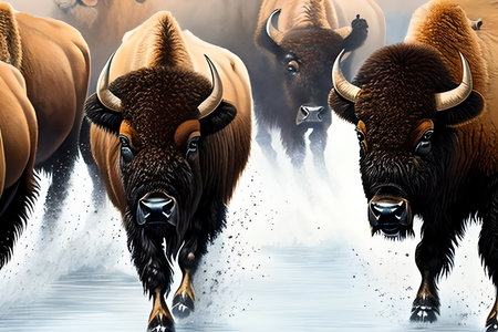 Bison in the water. Wildlife scene. 3D illustration.の素材