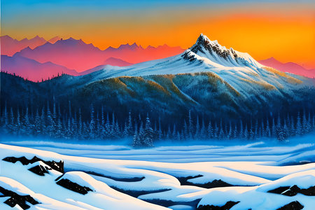 Winter mountain landscape with snow covered peaks at sunset, 3d illustrationの素材