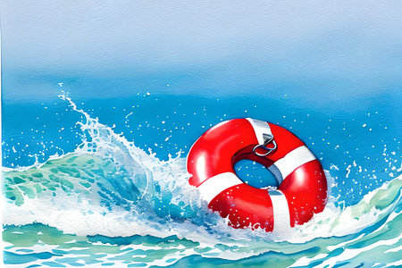 Lifebuoy on the wave. Watercolor painting. Vector illustration.の素材