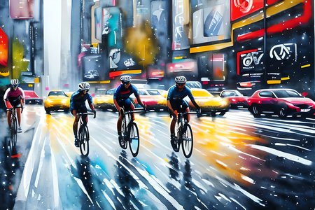 Cyclists on the road in the city. Digital painting.の素材
