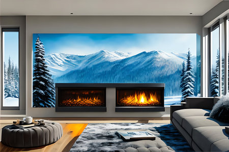 Interior of modern living room with fireplace, panoramic view on snowy mountain landscapeの素材