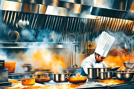 Chef cooking in a restaurant kitchen. 3d rendering toned imageの素材