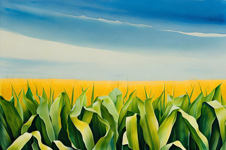 Illustration of a field of corn and blue sky with clouds.の素材