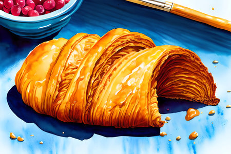 Crispy Croissant on blue background. Close up.の素材