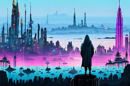 Silhouette of a muslim woman with a hood on the background of the city.の素材