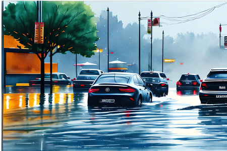 Car traffic on a flooded street in the city. Watercolor painting.の素材