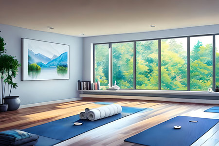 Yoga room interior with blue carpet, yoga mat and mountain view. 3d renderingの素材
