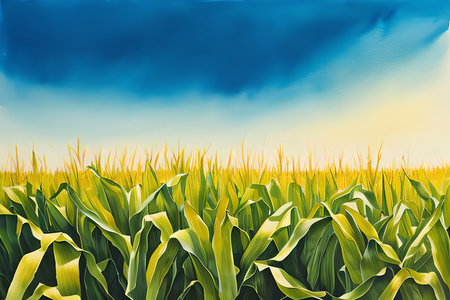 field of corn and blue sky with clouds. 3d illustration.の素材