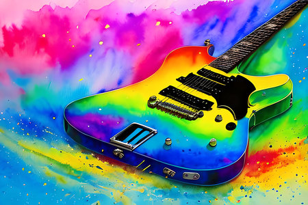 guitar on abstract rainbow background. 3d illustration of electric guitarの素材