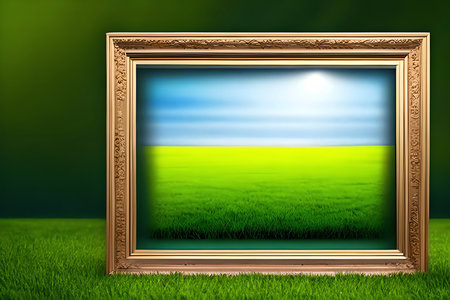 Image of green grass field in golden frame on green meadow backgroundの素材