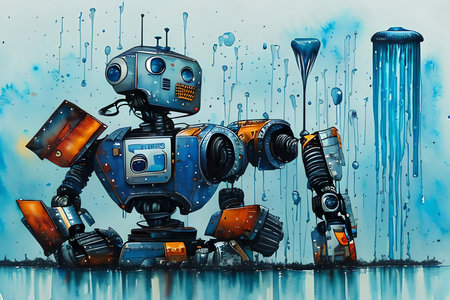 3d rendering of a robot on a watercolor background with raindropsの素材