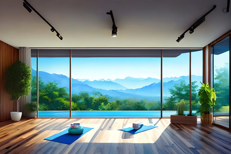 Interior of modern living room with panoramic view on mountains. 3D renderingの素材