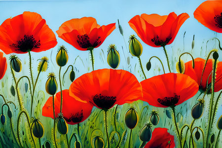 poppies field on blue sky background. 3d illustration.の素材