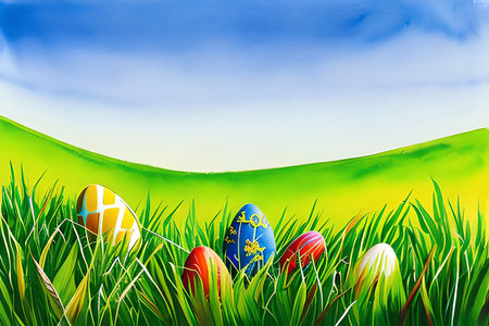 Easter eggs on green grass with blue sky background. Illustration.の素材