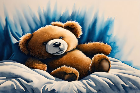 teddy bear sitting on a bed with a blue background. 3d illustrationの素材