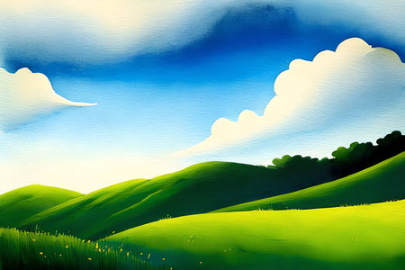 Summer landscape with green hills, blue sky and clouds. Digital painting.の素材