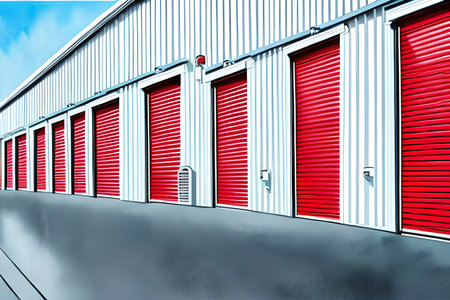 A row of red and white containers in a warehouse. 3D renderingの素材