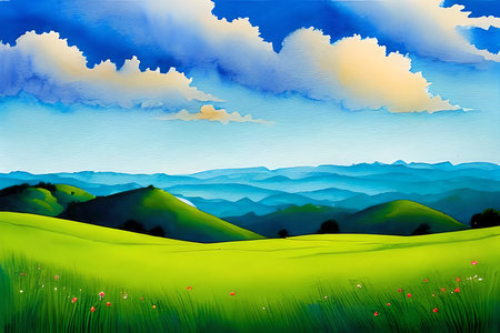 Landscape with green hills, blue sky and clouds. Digital painting.の素材