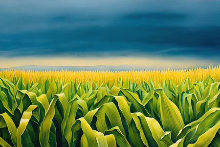 corn field on a background of blue sky with clouds. 3d renderingの素材