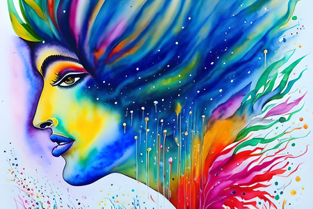 Portrait of a beautiful woman with multicolored hair and creative make-upの素材