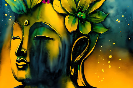 Face of a beautiful girl with a flower in her hair. Surreal painting.の素材