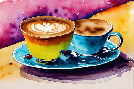 Two cups of cappuccino with latte art on colorful backgroundの素材