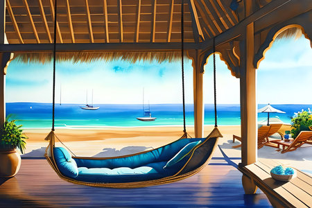 Hammock on the beach. 3d rendering. Computer digital drawing.の素材