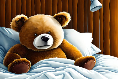 teddy bear sleeping on the bed, 3d illustration, horizontalの素材