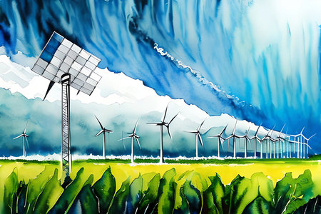 Wind turbines in the field. Renewable energy concept. 3D illustration.の素材