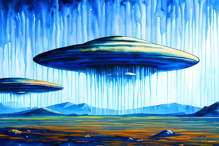 UFO flying in the space. Digital art painting. 3D illustration.の素材