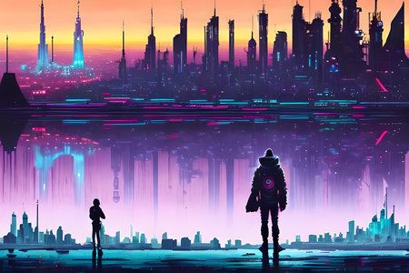 Futuristic city in the neon lights. Futuristic cityscapeの素材