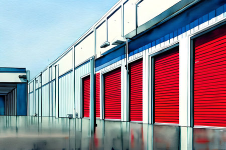 modern warehouse with red and white doors, industrial building, industrial backgroundの素材