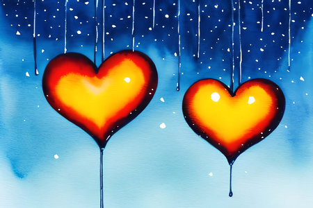 Two red and yellow hearts on a blue background with falling snow.の素材