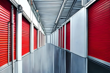 Red metal roller shutter door in storage room. 3d render illustrationの素材