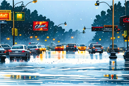 Illustration of a traffic jam in the city at night with heavy rain.の素材