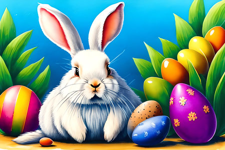 Easter bunny and colorful eggs on a blue background. Vector illustration.の素材