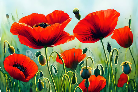 Red poppies on a background of green grass. Nature composition.の素材