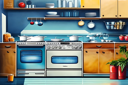 Illustration of a modern kitchen interior in blue tones with a set of household appliancesの素材