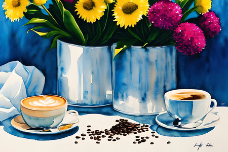 Coffee cup and flowers in vase on blue background.の素材