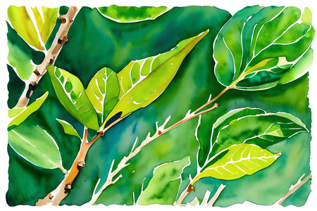 Watercolor illustration of green leaves on a watercolor background. Hand drawn illustration.の素材