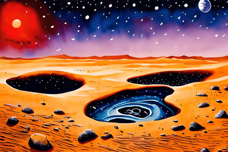 Fantasy space scene with planet in outer space. Vector illustration.の素材